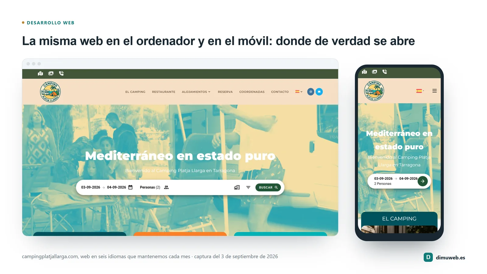 La web de Camping Platja Llarga en un móvil y en un portátil, con el menú de reservas abierto