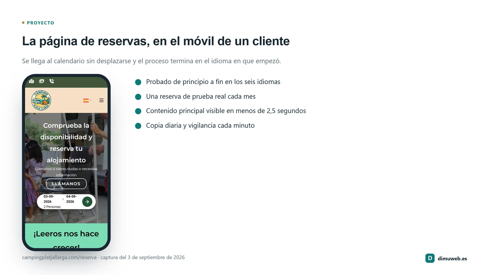 La página de reservas del camping en un móvil, con el calendario y el botón de reservar visibles sin desplazarse