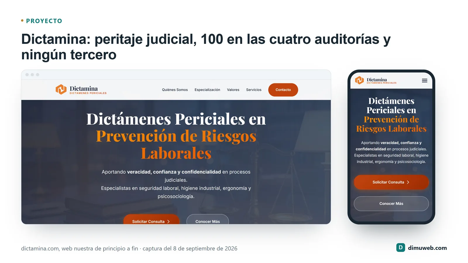 Portada de dictamina.com en escritorio y en móvil, con el titular de dictámenes periciales y el botón de contacto visibles